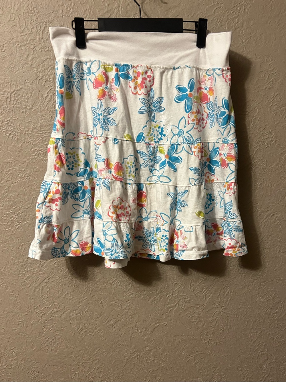 fresh produce White Floral Tiered Skirt with Blue, Pink & Yellow Accents